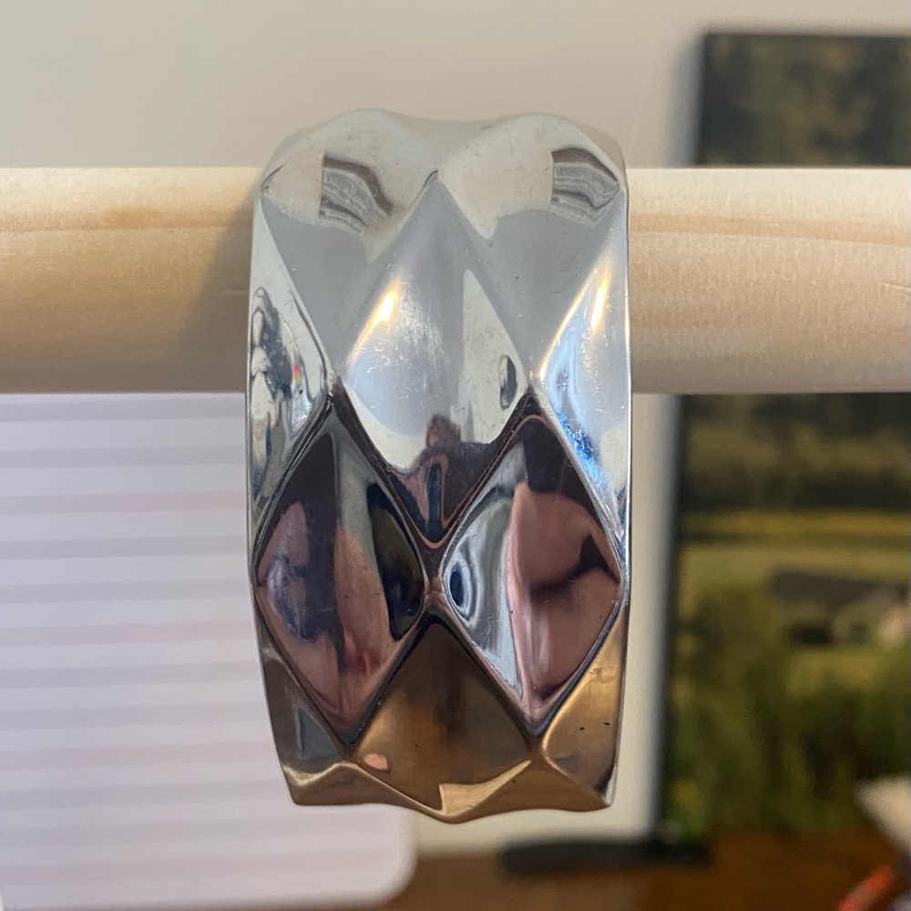 - Vintage 1980’s wide oval fauceted silver tone cuff bangle bracelet some wear